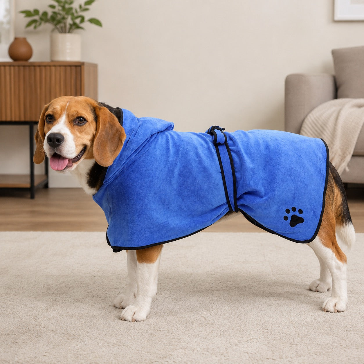 Beagle wearing blue drying robe
