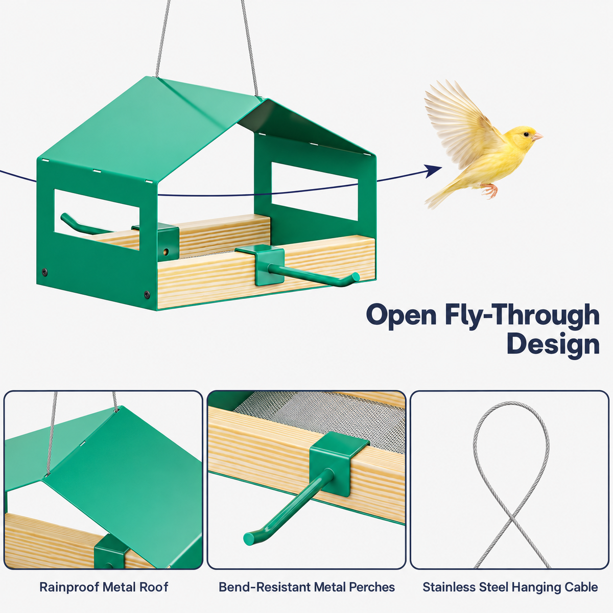 Hanging Metal Bird House Feeder with Stainless Steel Mesh Tray, Rainproof Roof & Perch