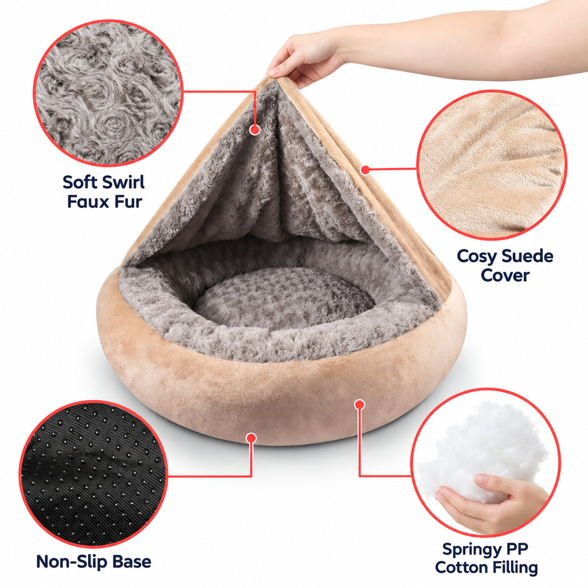 Hooded Pet Doughnut Cave Bed with Fluffy Bolsters for Dogs and Cats
