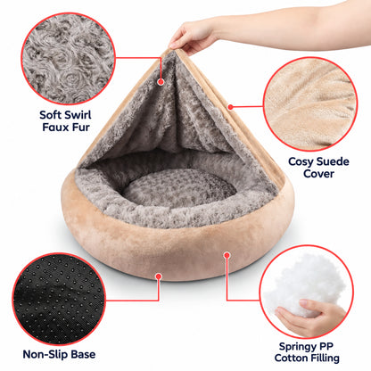 Hooded Pet Doughnut Cave Bed with Fluffy Bolsters for Dogs and Cats