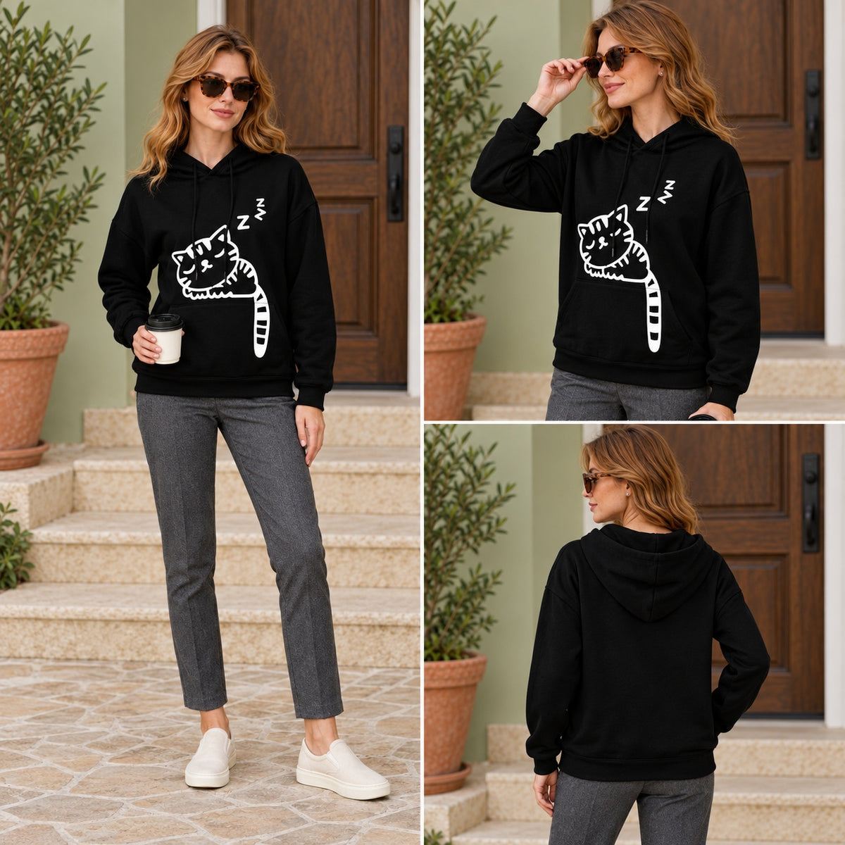 Black sleeping cat hoodie three views