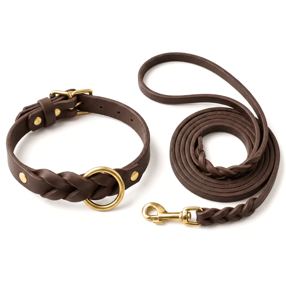 Genuine Leather Dog Collar & Lead Set