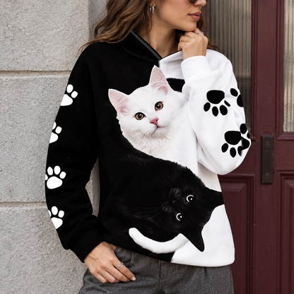 Yin Yang Cat 3D Print Fleece-Lined Pullover Hoodie with Paw Print Sleeves