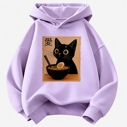 Cat Ramen Graphic Pullover Kids Hoodie with Front Pocket