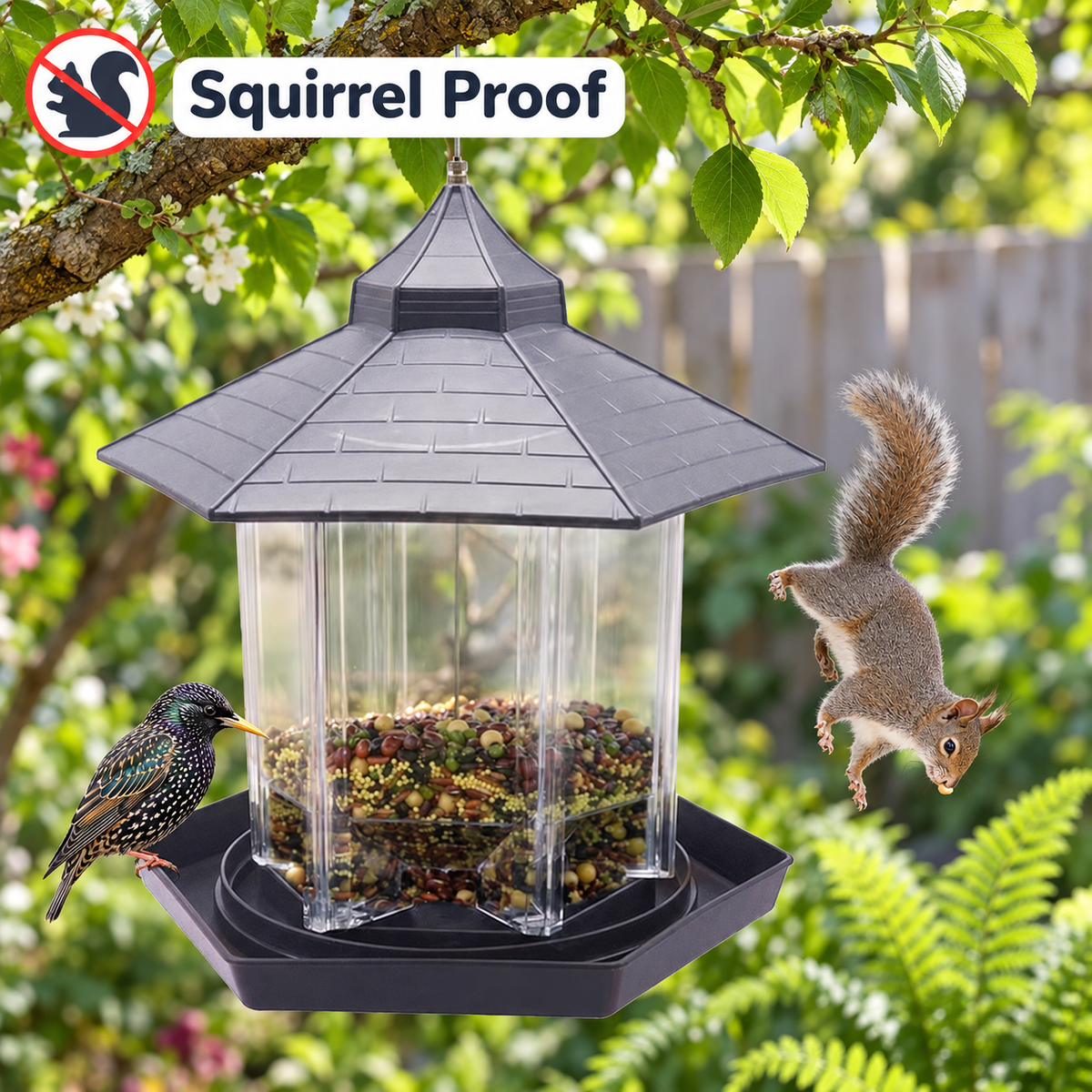 Large Squirrel Proof Hanging Bird Feeder with 2.5 lb Capacity & Transparent Chamber