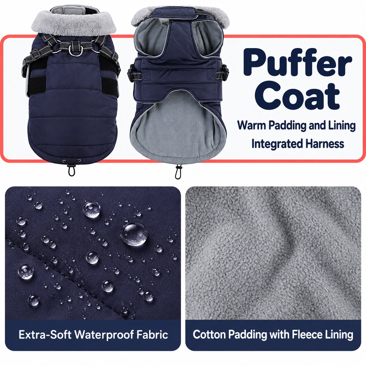 Warm lined dog coat with built-in harness features