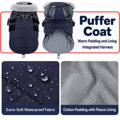 Warm lined dog coat with built-in harness features