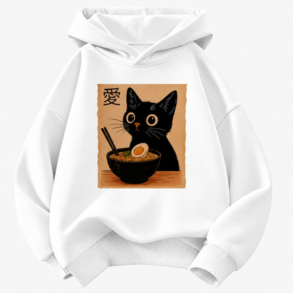 Cat Ramen Graphic Pullover Kids Hoodie with Front Pocket