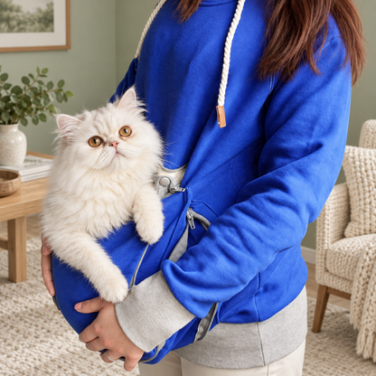 Pet carrier hoodie — close-up with a cat