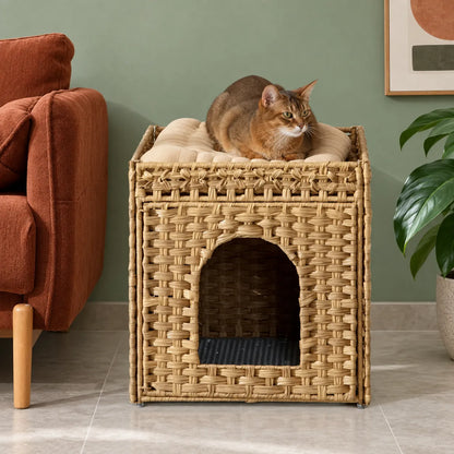 Hand-Woven Indoor Cat Cave House Bed with Double Resting Spots