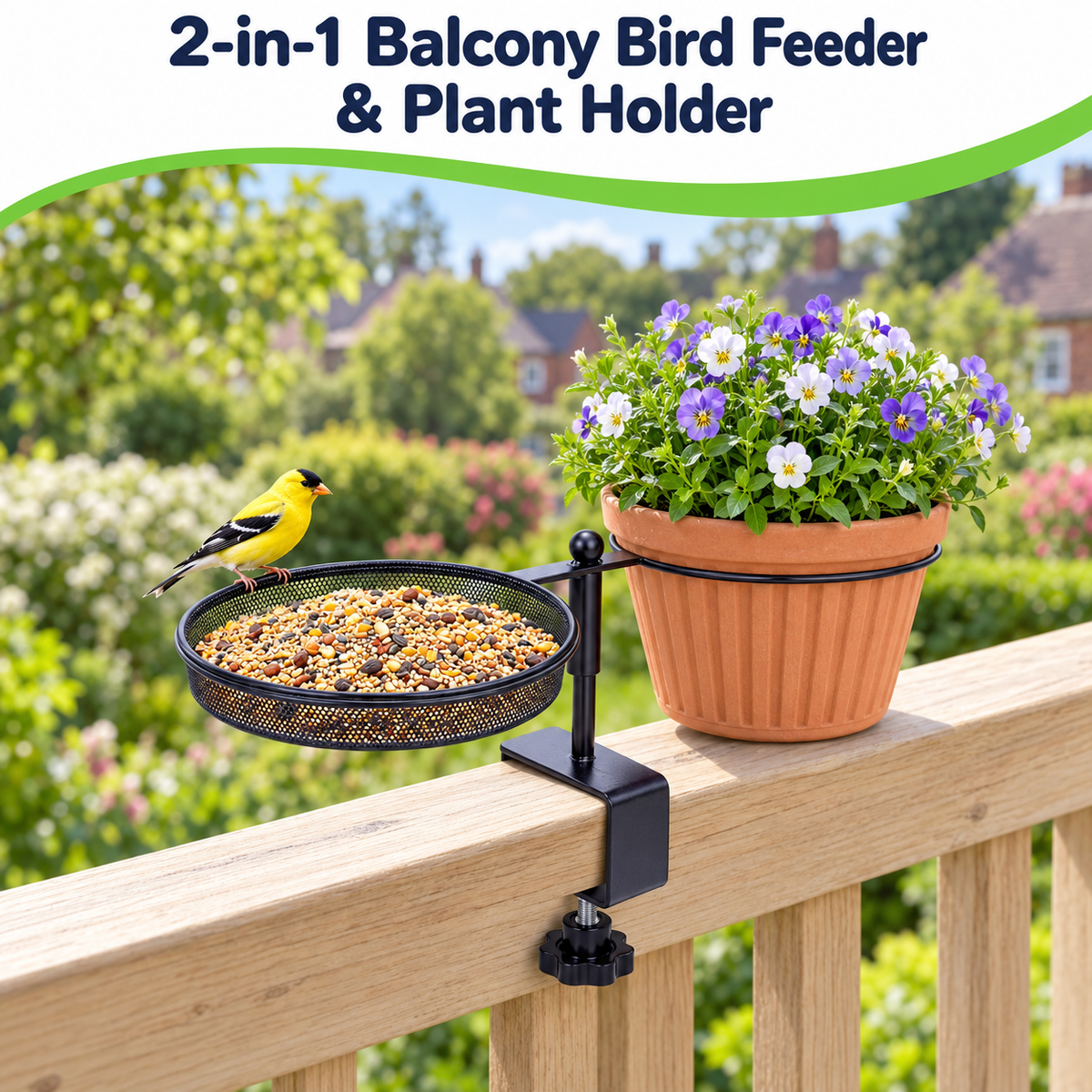 Deck-Mount Bird Feeder & Planter with Mesh Tray, Water Bowl & 360° Rotation