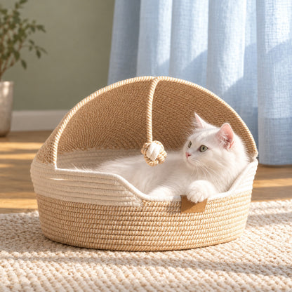 Handwoven Cat Cave Basket Bed with Cushion and Scratching Sisal