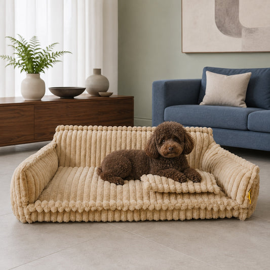 Dog relaxing on a ribbed plush sofa bed