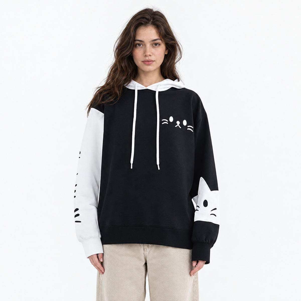 Oversized Pullover Cat Ear Hoodie with Cute Cat Print and Colour-Block Sleeves