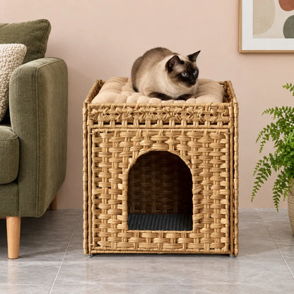 Hand-Woven Indoor Cat Cave House Bed with Double Resting Spots