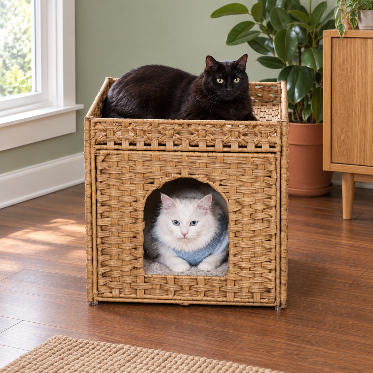 Hand-Woven Indoor Cat Cave House Bed with Double Resting Spots