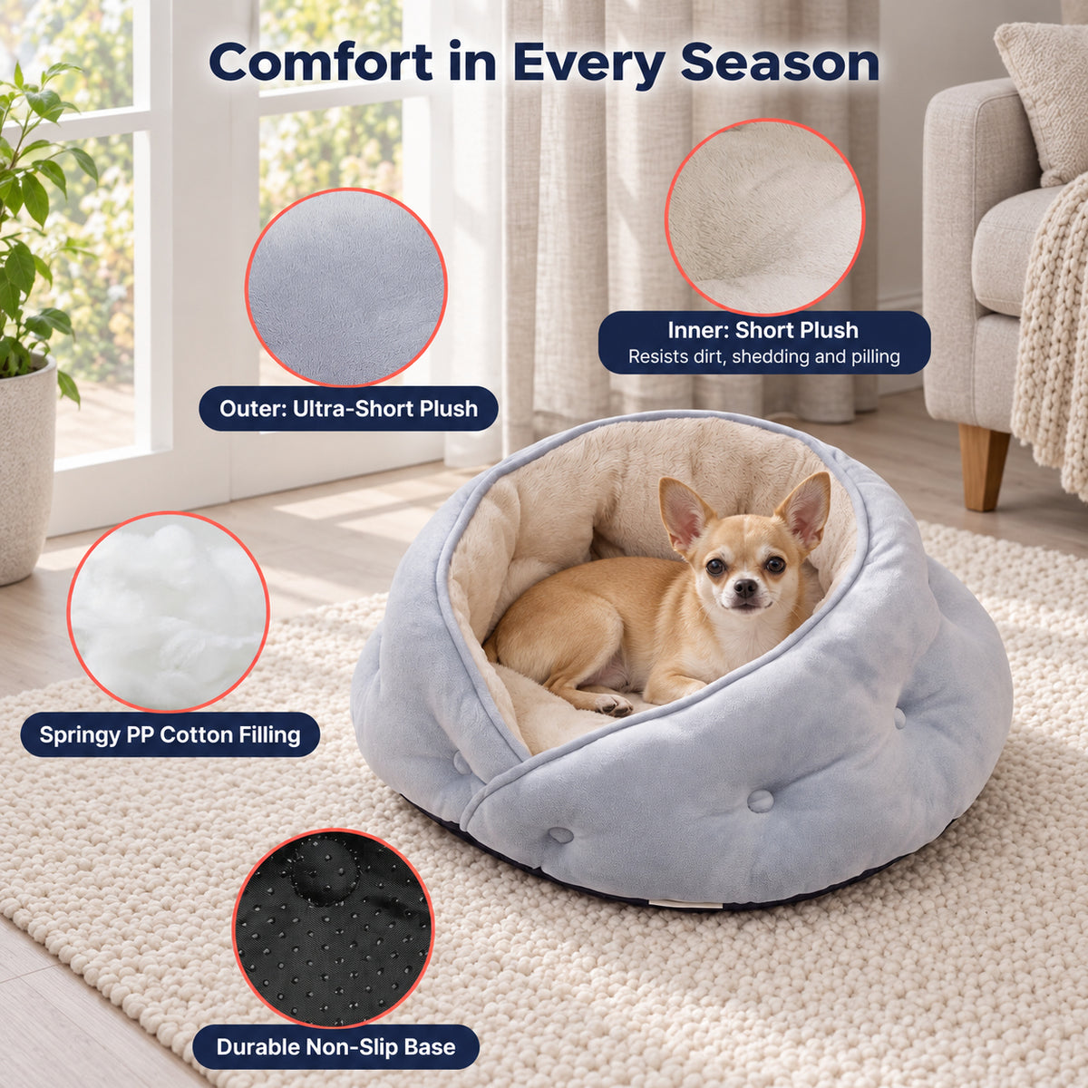 Semi-Enclosed Cosy & Soft Pet Bed with Machine-Washable Materials for Cats & Small Dogs