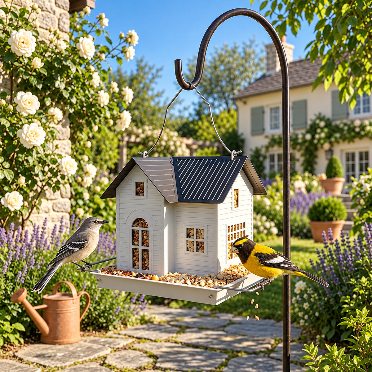 Solar Metal Bird House Feeder with Large Perch, Drainage & LED Light