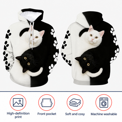 Yin Yang Cat 3D Print Fleece-Lined Pullover Hoodie with Paw Print Sleeves