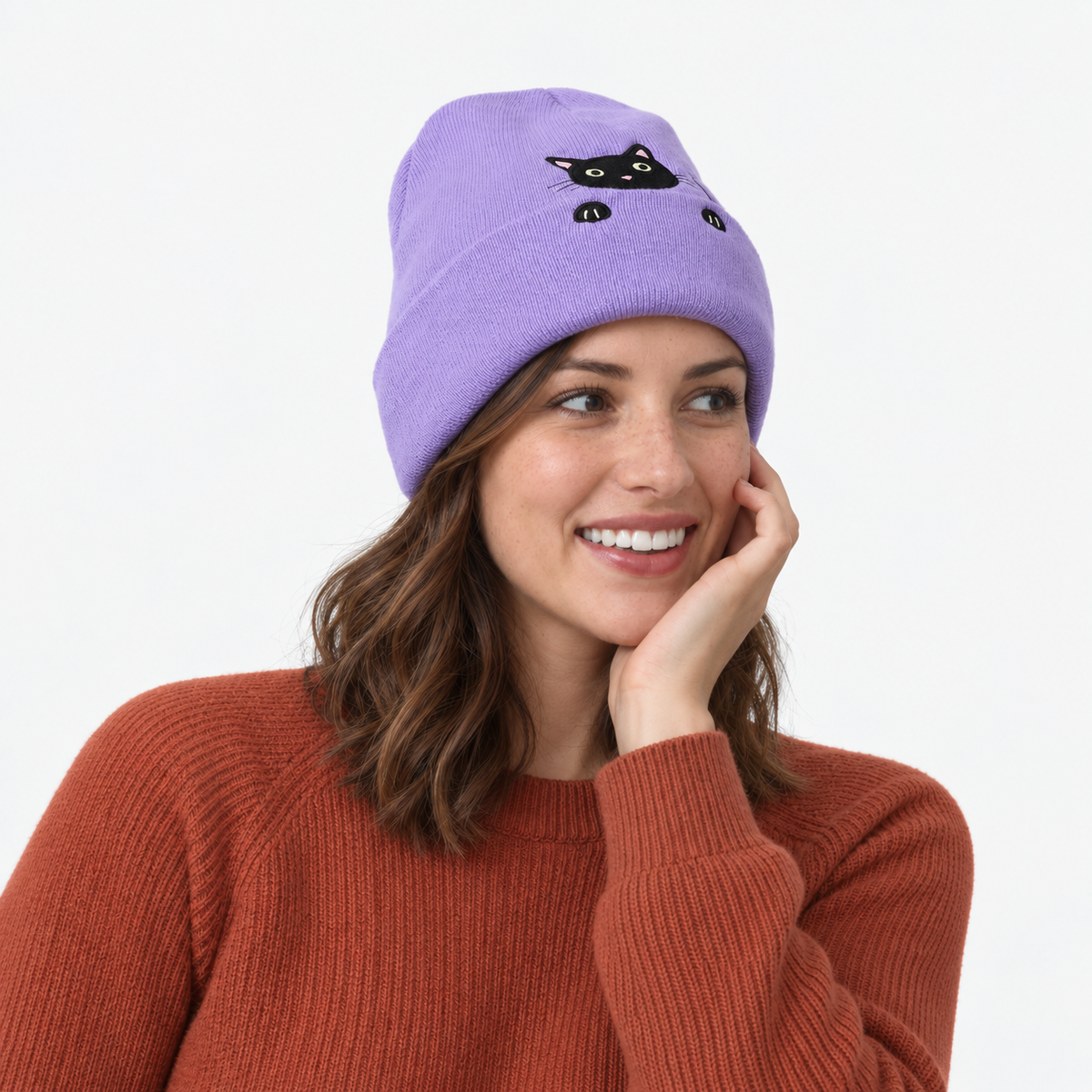 Cute Embroidered Cat Knitted Beanie with Fold-Up Cuff and Stretch Fit