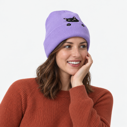 Cute Embroidered Cat Knitted Beanie with Fold-Up Cuff and Stretch Fit