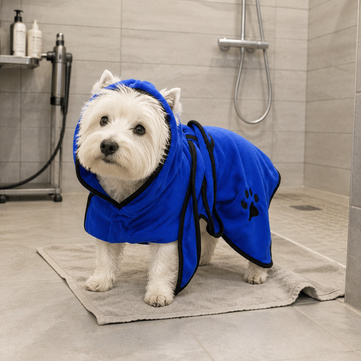 Dog wearing blue drying robe in grooming washroom