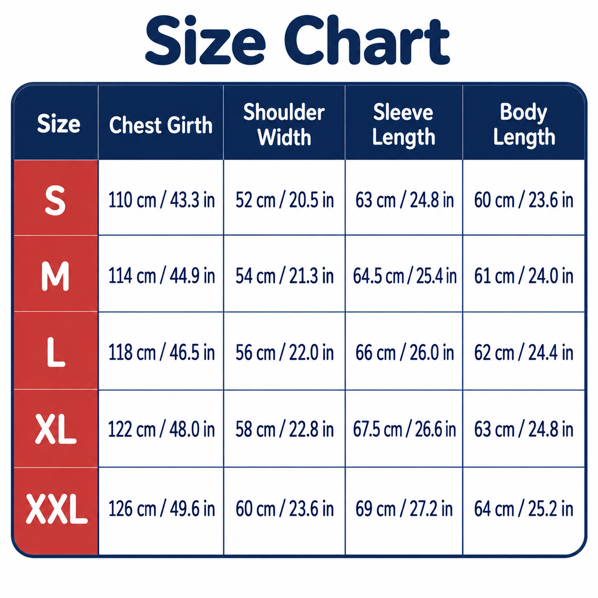 Hoodie size chart in centimetres and inches