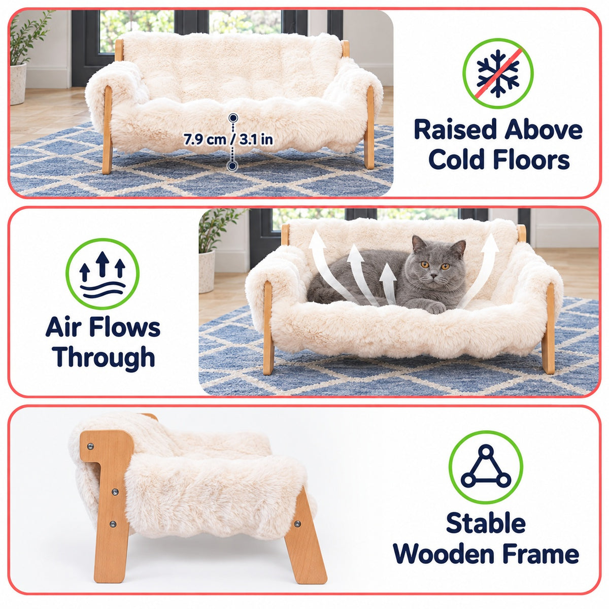 Elevated Wooden Pet Sofa Bed with Plush for Cats & Small Dogs