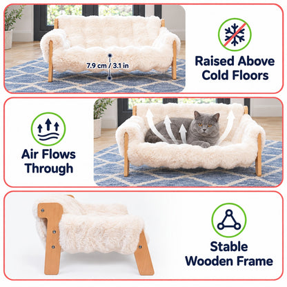 Elevated Wooden Pet Sofa Bed with Plush for Cats & Small Dogs