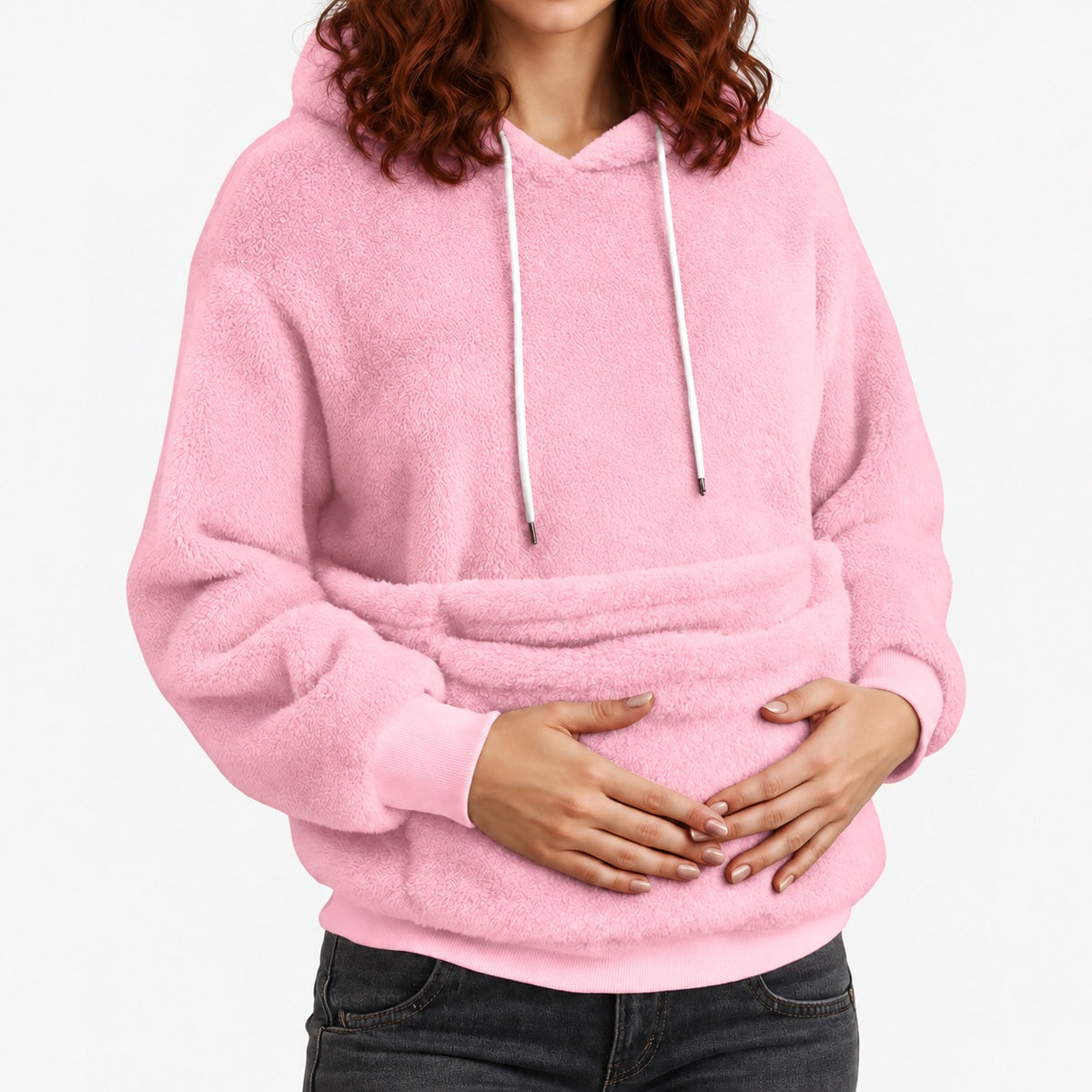 Pink fleece pet pouch hoodie worn with empty pouch