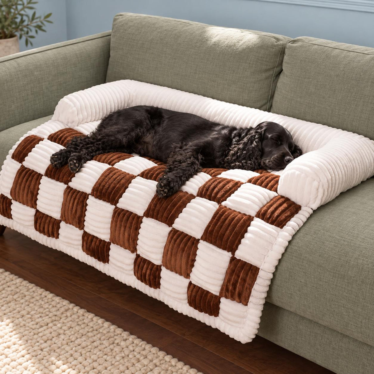 Checkered Dog Sofa Bed & Cover with Fluffy Bolsters
