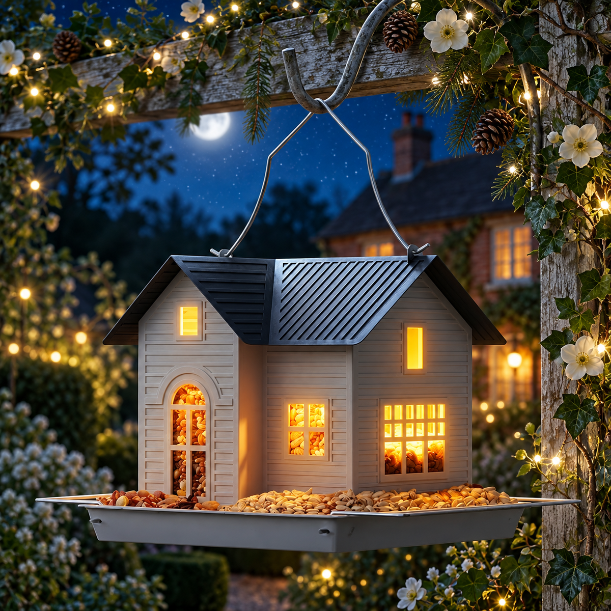 Solar Metal Bird House Feeder with Large Perch, Drainage & LED Light