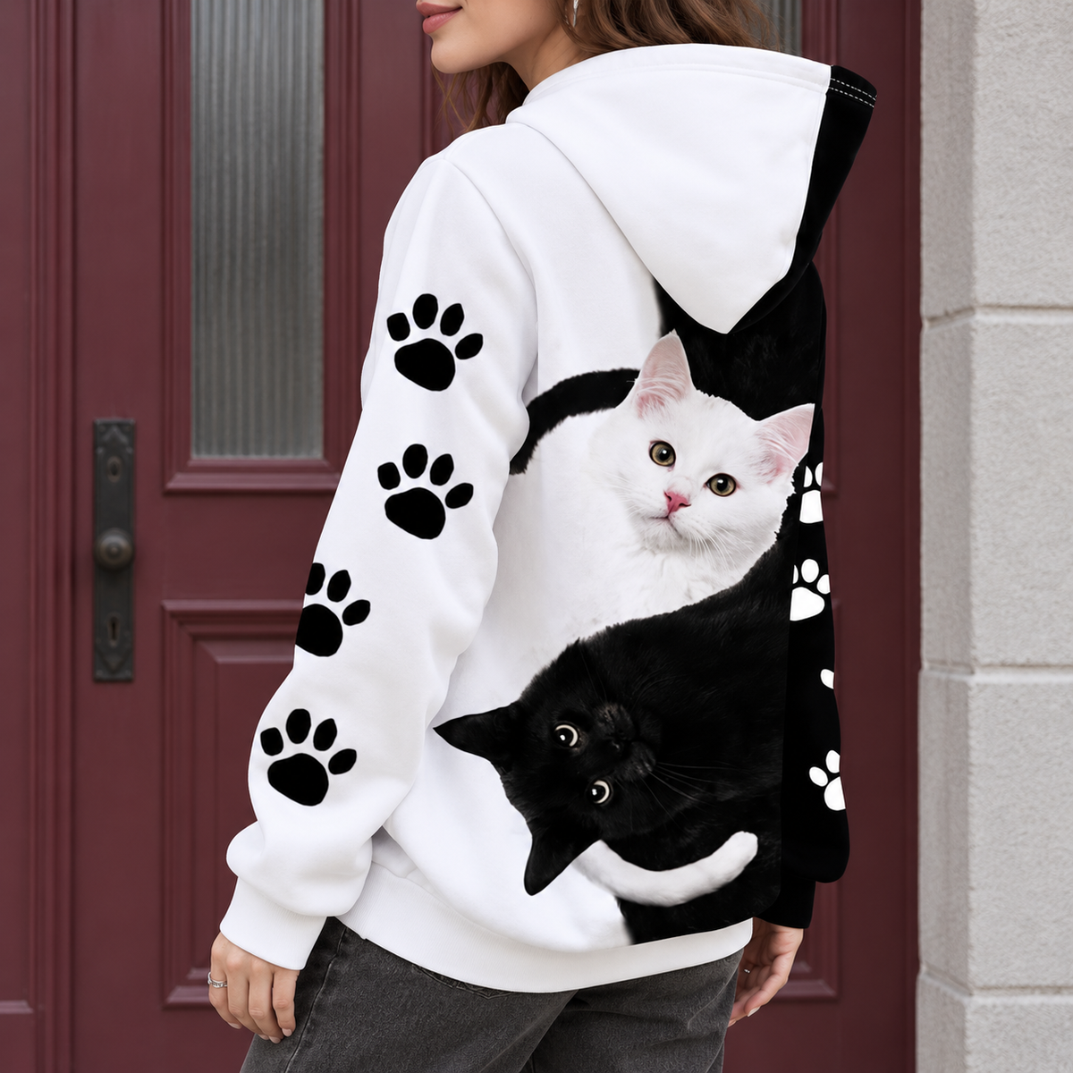 Yin Yang Cat 3D Print Fleece-Lined Pullover Hoodie with Paw Print Sleeves