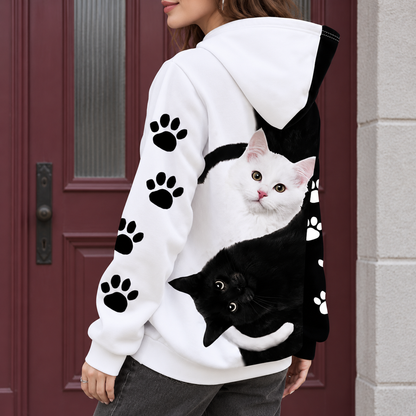 Yin Yang Cat 3D Print Fleece-Lined Pullover Hoodie with Paw Print Sleeves