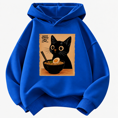 Cat Ramen Graphic Pullover Kids Hoodie with Front Pocket