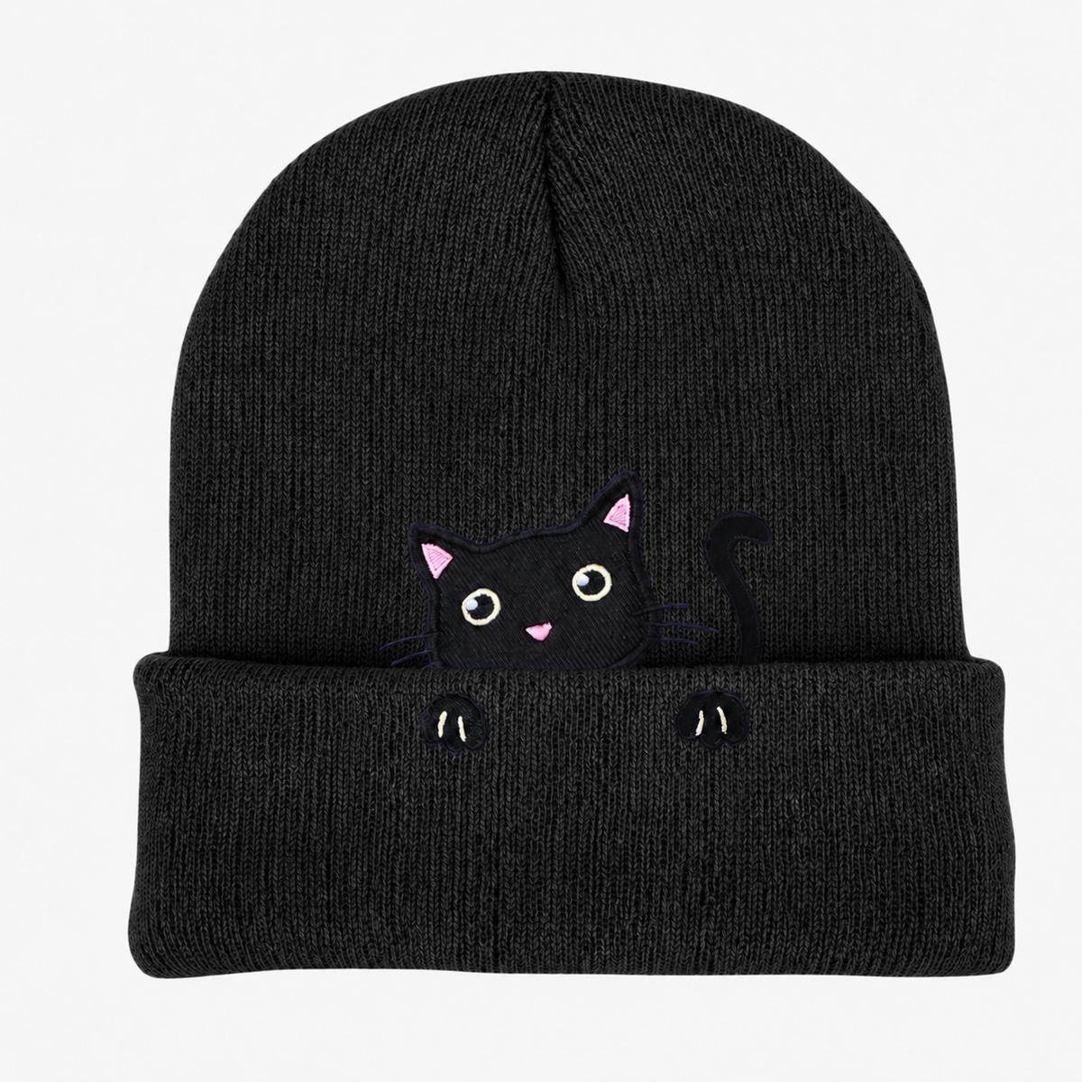 Cute Embroidered Cat Knitted Beanie with Fold-Up Cuff and Stretch Fit