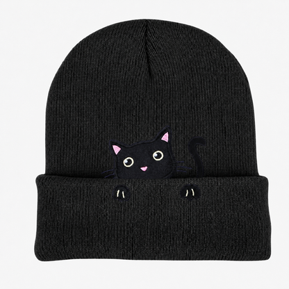 Cute Embroidered Cat Knitted Beanie with Fold-Up Cuff and Stretch Fit