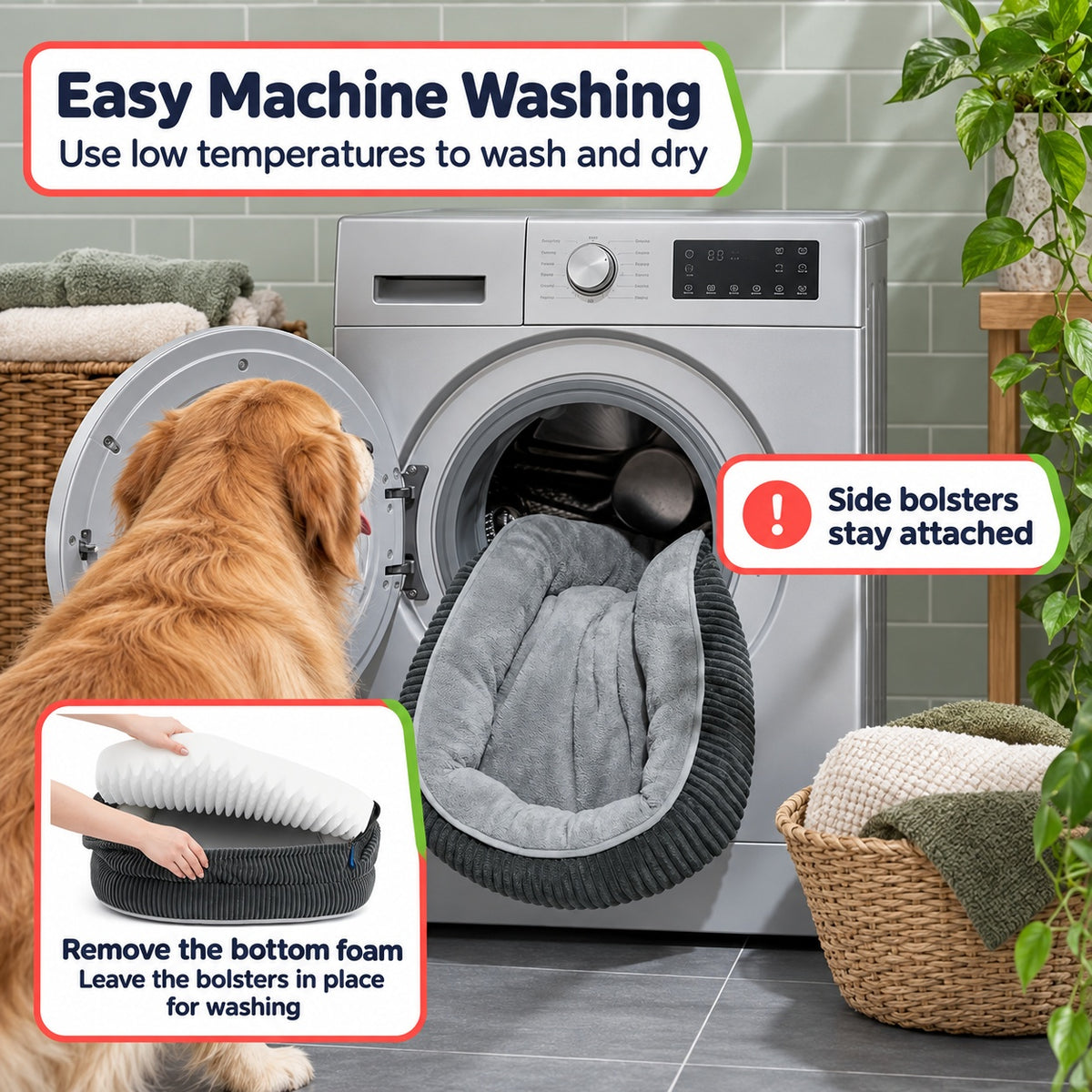 Remove bottom foam before washing with bolsters attached