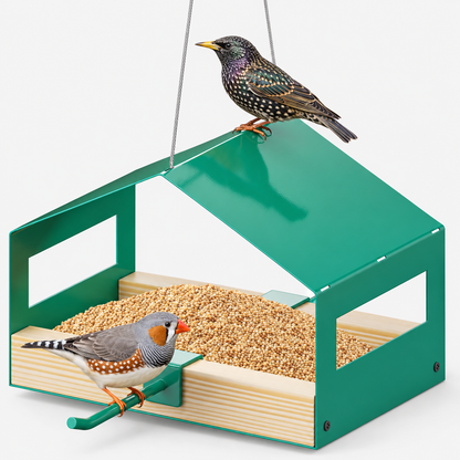 Hanging Metal Bird House Feeder with Stainless Steel Mesh Tray, Rainproof Roof & Perch