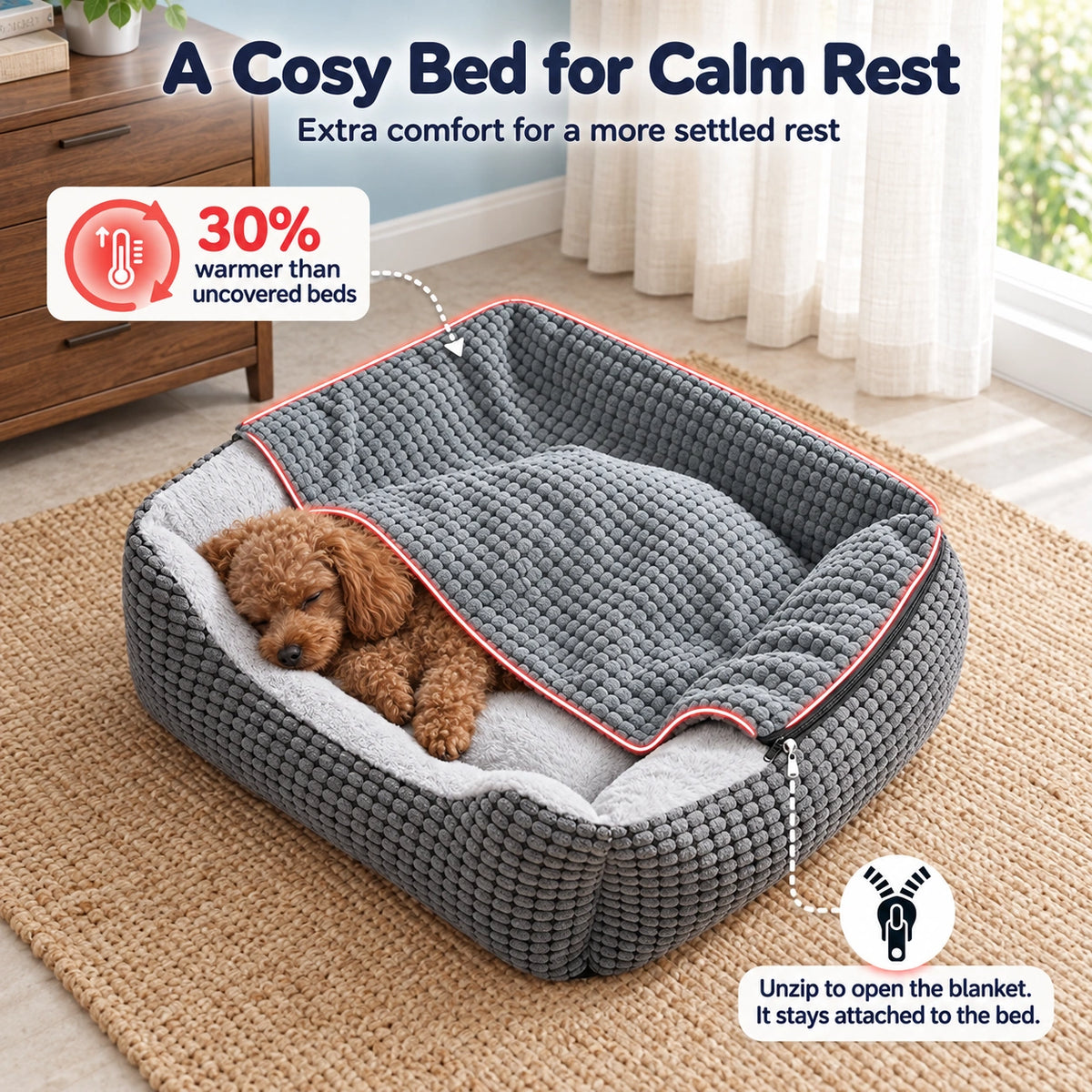 Fluffy Burrow Cave Pet Bed with Blanket and Bolsters for Dogs & Cats