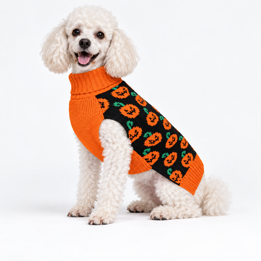 Dog wearing a pumpkin sweater