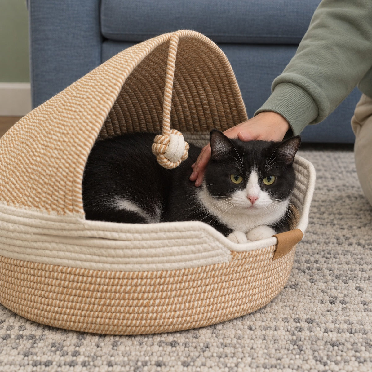 Handwoven Cat Cave Basket Bed with Cushion and Scratching Sisal
