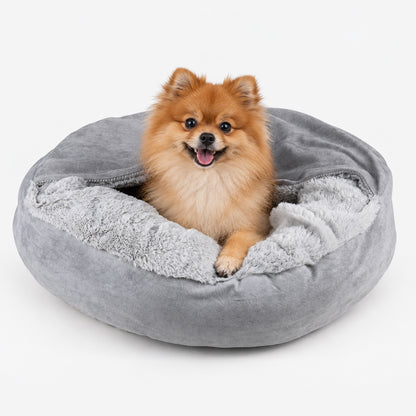 Hooded Pet Doughnut Cave Bed with Fluffy Bolsters for Dogs and Cats