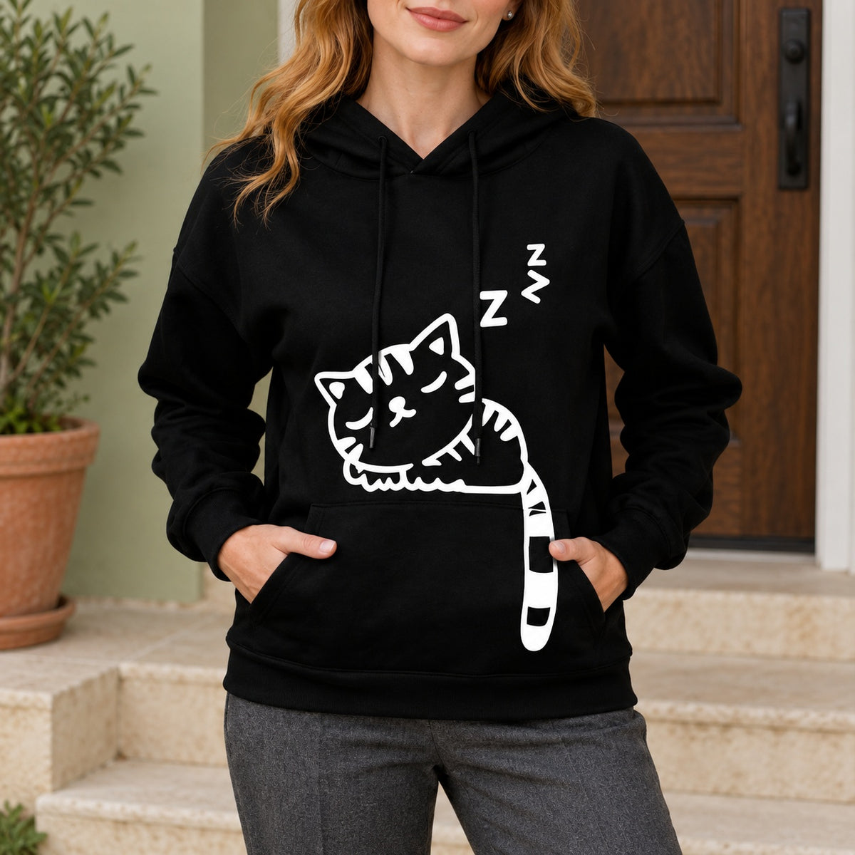 Cat print hoodie lifestyle detail