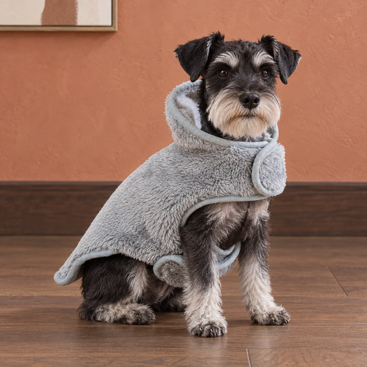 Grey reversible dog coat with plush side facing out