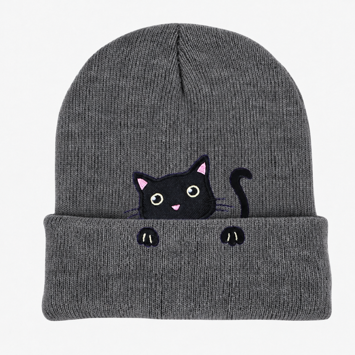 Cute Embroidered Cat Knitted Beanie with Fold-Up Cuff and Stretch Fit