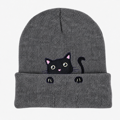 Cute Embroidered Cat Knitted Beanie with Fold-Up Cuff and Stretch Fit