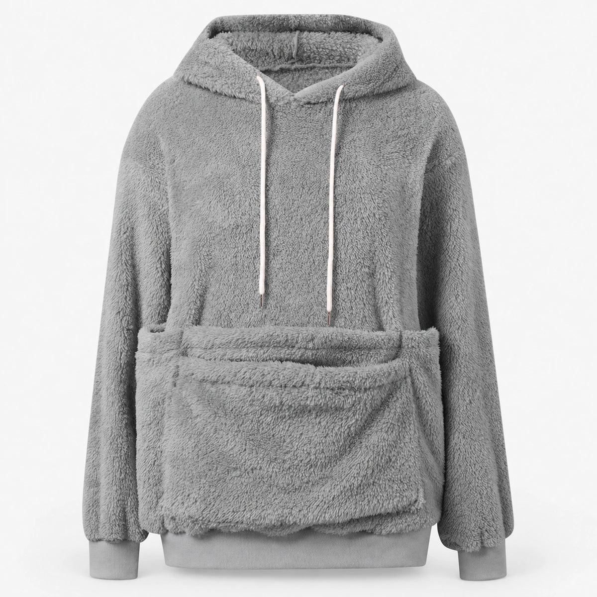 Gray fleece pet pouch hoodie front view