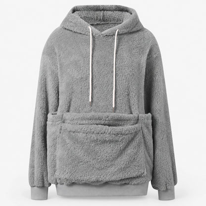 Gray fleece pet pouch hoodie front view