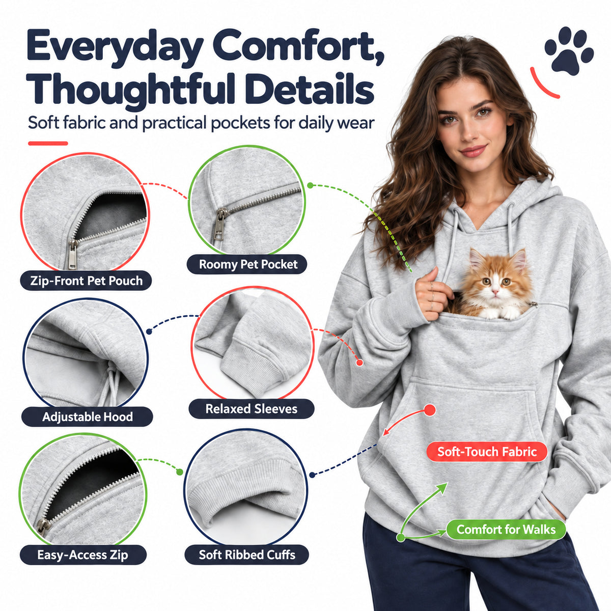 Pet carrying hoodie pocket and comfort details